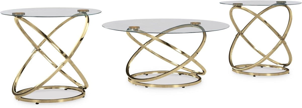 GTU Furniture Contemporary Glass Square 3-Piece Coffee Table Set, Cocktail Table with 2 Matching End Tables, Champagne Finish for Living Room