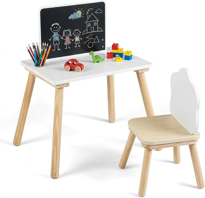 Costzon Weaning Table and Chair Set with Chalkboard | Wooden Kids Table and Chair Set with Brush Pot for Drawing, Learning and Mealtime, Multi Activity Desk for Toddlers