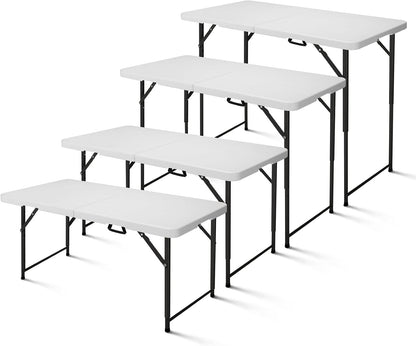 4ft Folding Table, Portable Fold-in-Half Adjustable Height Utility Table for Indoor/Outdoor Use, Durable HDPE & Steel, Stable & Lightweight, Multi-Purpose, White
