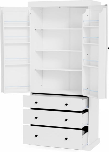 Merax 77” Pantry Cabinet, Kitchen Pantry Storage Cabinet with Drawers, Doors and Adjustable Shelves,Freestanding Buffet Cupboards Sideboard for Living Room and Dinning Room, White