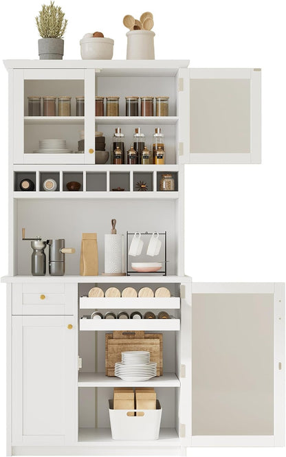 roomfitters Farmhouse Kitchen Pantry Buffet Hutch with Wine Rack and Glass Doors, Tall Storage Cabinet, White