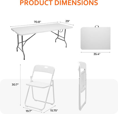 Folding Table and Chairs Set, 6 Foot Foldable Long Plastic Table with 6 Plastic Folding Chairs, Portable Set for Parties, Event, Training, Craft, Wedding, and Commercial Use