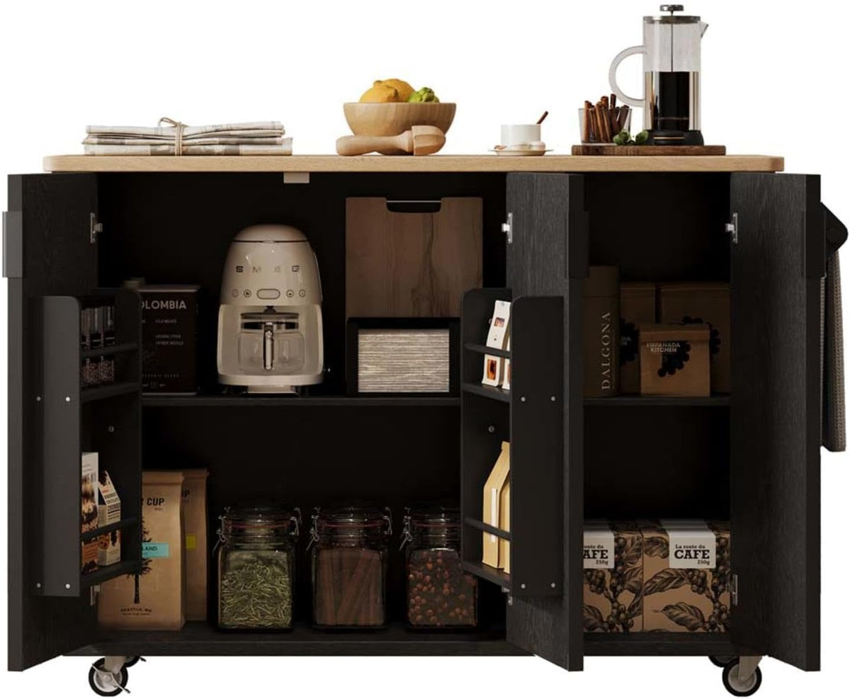 Narrow Kitchen Island with Drop Leaf Countertop with Storage and Dining Table, Island Kitchen with Wheels Towel Rack， for Kitchen, Dining Room, Black