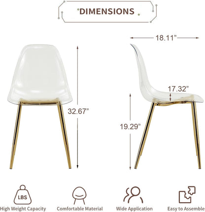 Baysitone Clear Dining Chairs Set of 10, Modern Kitchen Chairs with Transparent Seat, Acrylic Accent Side Chairs with Plating Metal Legs for Dining Room, Kitchen, Living Room with Gold