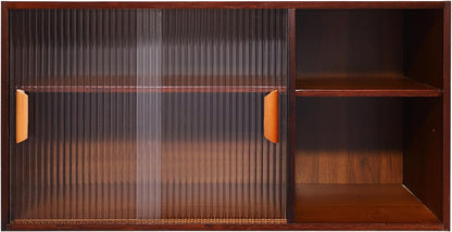 Kitchen Pantry Cabinet, Wall Mount or Countertop Sideboard with Glass Doors, 2 Tiers Rectangular Cupboard Food Pantry Cabinet for Kitchen, Dining Room, or Living Room (Walnut)