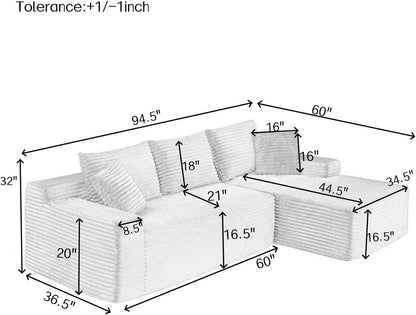 95" L-Shaped Cloud Sectional Couch, Right Facing Modular Compressed Sectional Sofa with Chaise Lounge, Plush Corduroy Corner Sofa for Living Room