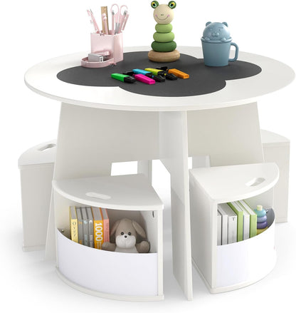 HONEY JOY White Kids Table and Chair Set, Children Activity Play Table with 4 Storage Stools for Art Craft, Nesting Design Toddler Table and Chair Set for Playroom, Daycare, Gift for Boys Girls