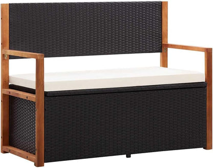 Poly Rattan Outdoor Storage Bench with Solid Acacia Wood Armrests and Backrest, Large Hidden Storage Space, Thick Removable Seat Cushion, Black
