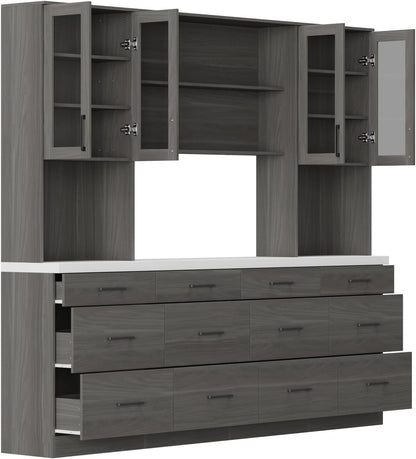 Timechee 82.7" Tall Kitchen Pantry Storage Cabinet, Large Free Standing Food Storage Hutch with Doors and Shelves, Modern Cupboard Coffee Bar with Drawers for Dining Room, Gray