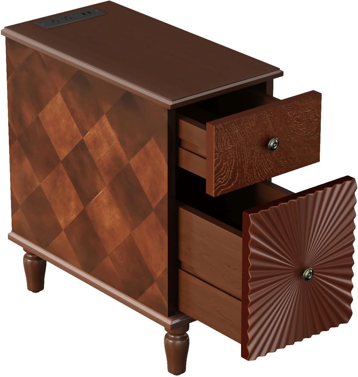 Narrow End Table with Charging Station，Modern Sofa Side Table with 2 Drawers，Narrow Side Tables with Storage Cabinet, Wood Slim Nightstand, End Tables for Living Room, Bedroom