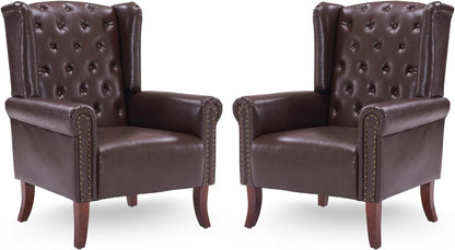 Modern Accent Chair Set of 2, Mid-Century Faux Leather Armchair Upholstered Club Sofa Chair with Wooden Legs, High Back Living Room Chair for Bedroom, Office, Lounge (Caramel)