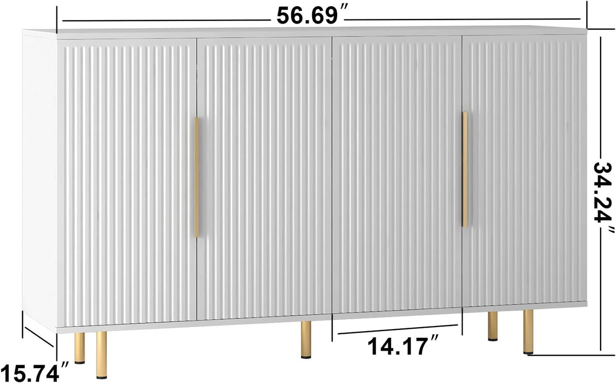 Sideboard Cabinet, 56" Large Buffet with Storage, Wood Credenza with 4 Fluted Doors and Adjustable Shelves, for Living Room, Kitchen, Entryway, White