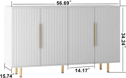 Sideboard Cabinet, 56" Large Buffet with Storage, Wood Credenza with 4 Fluted Doors and Adjustable Shelves, for Living Room, Kitchen, Entryway, White