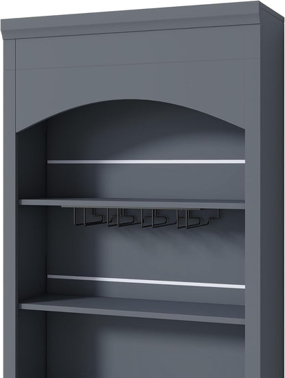 Modern 28.7x17.5x83.7 Inch Tall Kitchen Pantry Cabinet, Freestanding Hutch with Faux Marble Top, 5 Drawers & Adjustable Shelf, Glass Holders, Space-Saving Storage for Kitchen/Dining Room (1, Gray)