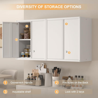 IRONFFICE Wall Cabinet,Metal Wall Cabinet for Garage with Lock,Metal Locking Storage Cabinet with Adjustable Shelf for Kitchen,Home Office,White