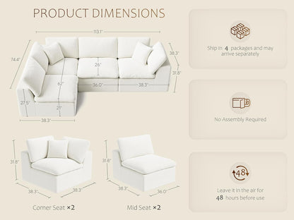 113” Cloud Couch 丨 Modular Sectional Couches for Living Room 丨 L Shaped Couch with Nice Back Support 4 Seater Warm White Chenille
