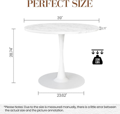 DKLGG White Marble Round Dining Table, 39.1" Tulip Kitchen Dining Table for 4-5 People with MDF Table Top & Pedestal Base, Mid-Century End Living Room Table