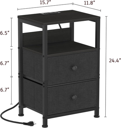 End Table with Charging Station & USB Ports, Rustic Nightstand with Fabric Drawers and Storage Shelf, Sofa Bed Side Table, Narrow Entryway Table for Bedroom Living Room, Black