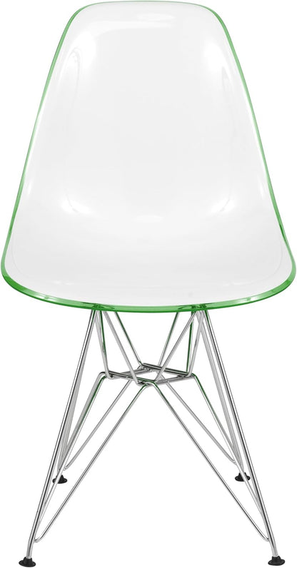 LeisureMod Cresco Acrylic Dining, Modern Chrome Eiffel Base and Curved Back Design, Ergonomic and Lightweight Accent Side Chair for Mid-Century Home, Kitchen, and Café (White Green, Singles)