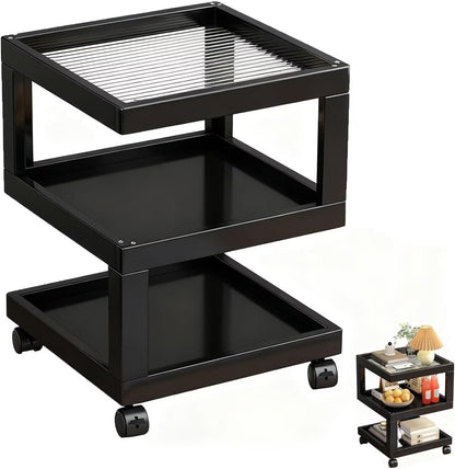 Bedroom Nightstand Cart Mobile Multi-Function Shelf with Lockable Casters, Storage Cart with Wooden Frame for Kitchen Living Room, S-Shaped End Table Bedside Table, Black 11.8x11.8x22in