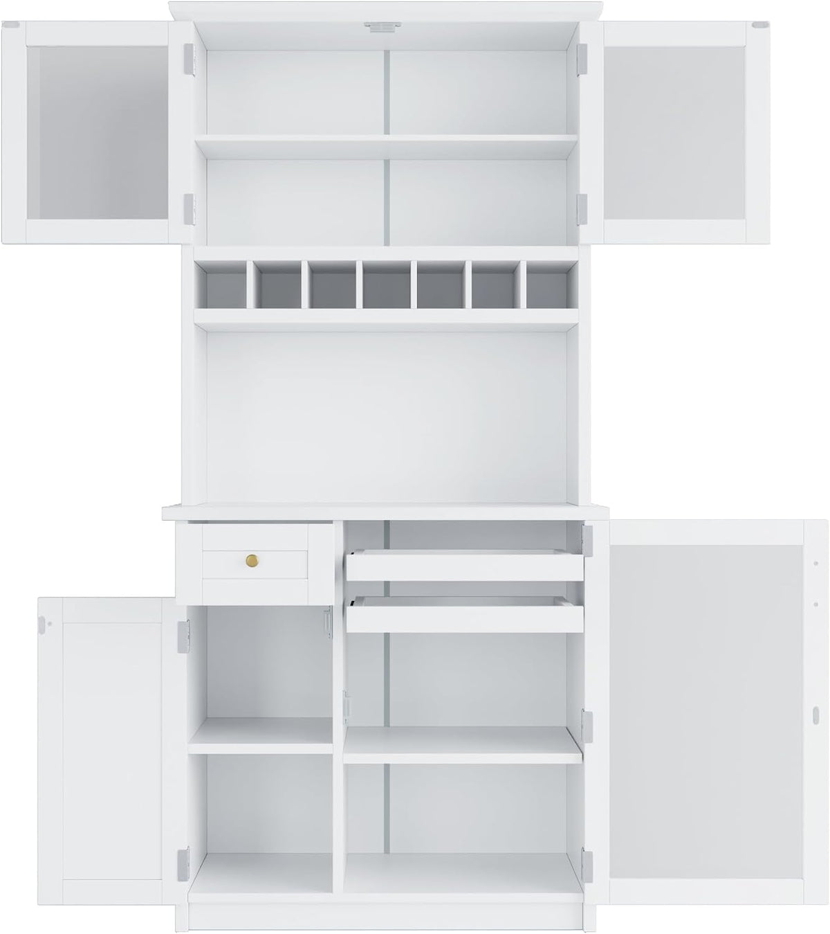 Kitchen Pantry Storage Cabinet with Wine Rack and Adjustable Shelves, Freestanding Buffet Cabinet with Hutch, White