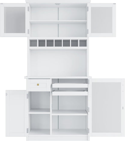 Kitchen Pantry Storage Cabinet with Wine Rack and Adjustable Shelves, Freestanding Buffet Cabinet with Hutch, White