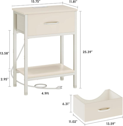 Vagusicc Nightstand with Charging Station, End Table with Fabric Drawer, Small Side Table with 2-Tier Storage Shelves, 25.4" Tall Night Stand, Bedside Table for Bedroom, Living Room, Dorm, Beige
