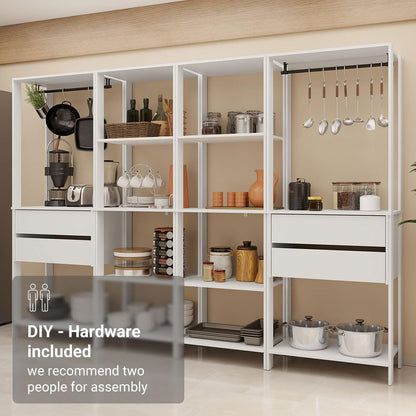 Madesa Kitchen Pantry Storage Rack with 4 Drawers, Open Shelves and Hanging Spaces 102" L Multiuse Modular Cabinet for Kitchen Organization - White