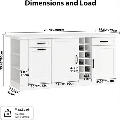 Large Kitchen Island,Wood Freestanding Islands with Storage Drawers, Trash Cabinet, Adjustable Shelves, Cabinet & Spice Rack,Farmhouse Kitchen Island for Kitchen & Dining Room