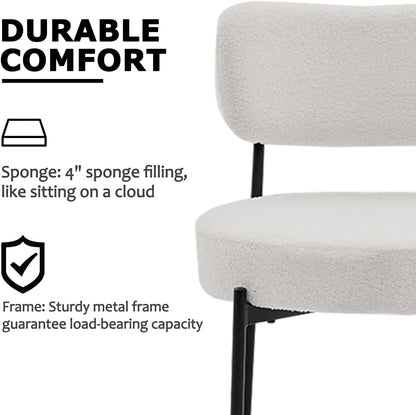 Boucle Dining Chair Set of 6, Mid Century Modern Upholstered Kitchen Chairs with Curved Backrest & Black Metal Legs, Round Dining Room Chairs, White