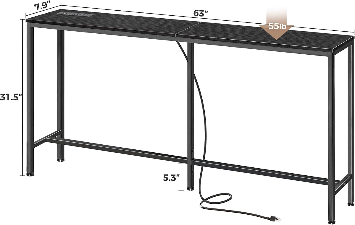 SUPERJARE Console Table with Outlet, 63 Inch Sofa Table with Charging Station, Narrow Entryway Table, Skinny Hallway Table, Behind Couch Table, for Living Room, Plants, Black