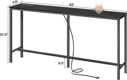 SUPERJARE Console Table with Outlet, 63 Inch Sofa Table with Charging Station, Narrow Entryway Table, Skinny Hallway Table, Behind Couch Table, for Living Room, Plants, Black