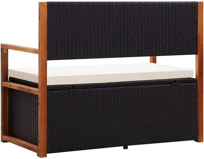 Poly Rattan Patio Storage Bench 45.3 Inch with Solid Acacia Wood Armrests, Removable Seat Cushion, Large Storage Space for Outdoor Garden
