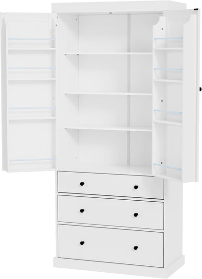Merax 77” Pantry Cabinet, Kitchen Pantry Storage Cabinet with Drawers, Doors and Adjustable Shelves,Freestanding Buffet Cupboards Sideboard for Living Room and Dinning Room, White