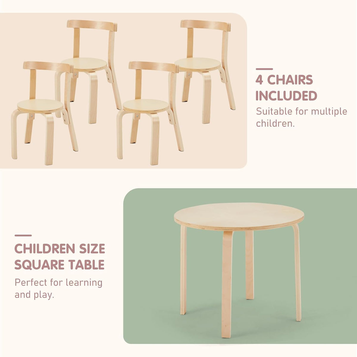 Kids Table and 4 Chairs Set - Round Table and Chair Set for Children, EN71 Certified, Birch Veneer - Wooden Dining Play Set for Children, Durable Wooden Play Table and Chairs, Solid Wood