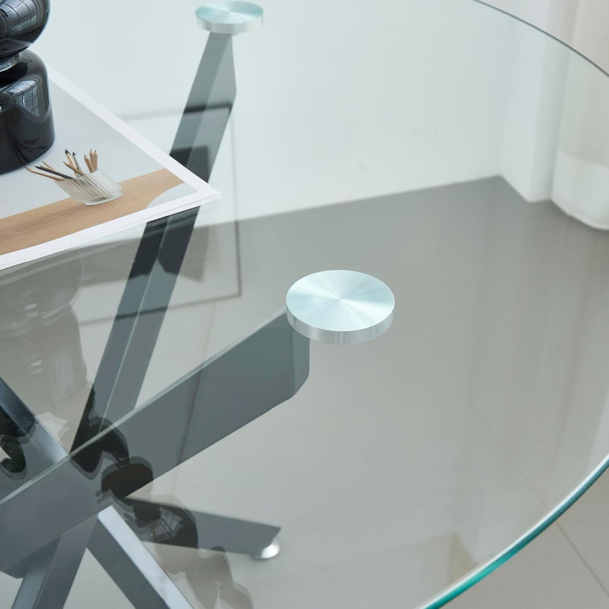 Modern Dining Table for 4 People, 36" Round Dining Table with Black Chrome Metal X-Base, Circle Tempered Glass Dining Room Table, Small Kitchen Dining Room Tables Dinner Tables
