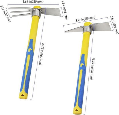 2 PCS Garden Hoe Tools, Stainless Steel Cultivator Hand Tiller and Hand Pick Axe with Fiberglass Handle, Pick Mattock Hoe for Planting Digging Weeding Gardening