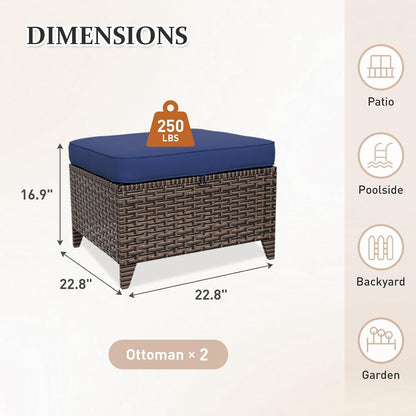 Canyon Ridge Wicker Outdoor Ottomans Set of 2, Patio Ottoman Foot Rest for Couch with Removable Cushions for Patio, Deck, Backyard and Poolside, Brown/Blue