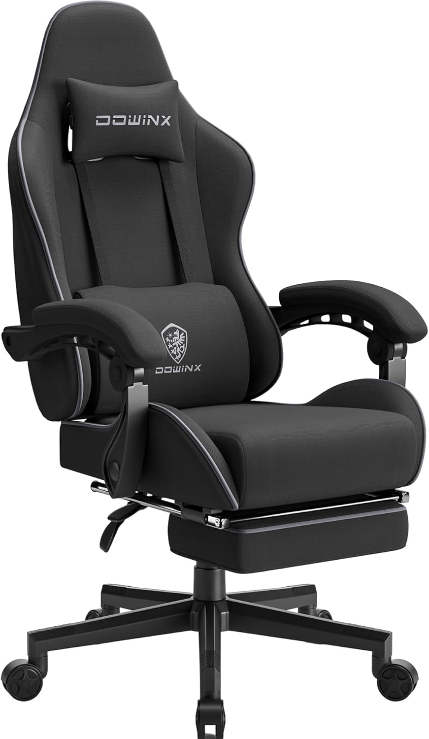 Dowinx Gaming Chair Fabric with Pocket Spring Cushion, Massage Game Chair Cloth with Headrest, Ergonomic Computer Chair with Footrest 290LBS, Black