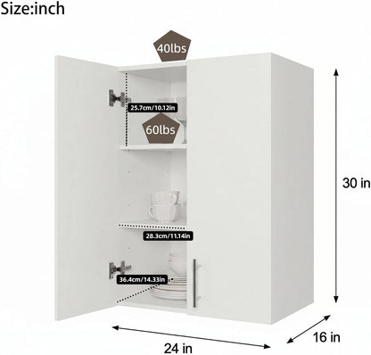 24 x 33 Inch Wall Cabinet Set of 2, Kitchen Wall Mounted Wooden Storage Cabinet, Double Door Cabinet with Soft Close, Metal Handle, Adjustable Shelf for Kitchen Laundry Bathroom Garage, White