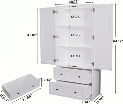 DIYART 64.2" Tall White Kitchen Pantry, Storage Cabinet with Doors and Drawers, Freestanding Wooden Organizer for Kitchen, Dining Room