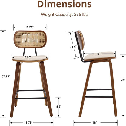 HEAH-YO Rattan Counter Stools Set of 2, 26 Inches Counter Height Bar Stools with Backrests and Wood Legs, Modern PU Leather Rattan Stool for Kitchen Island, PU Beige
