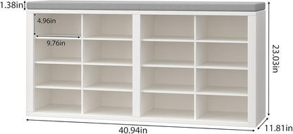 Shoe Rack Bench, Shoe Storage Bench with Cushion, Shoe Organizer 16 Cubbies for Entryway Hallway Bedroom Living Room, Holds Up to 400lbs