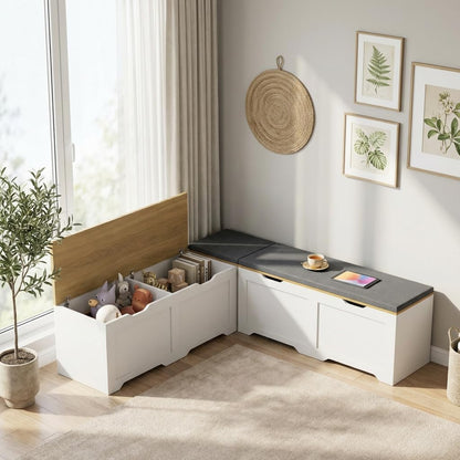 L-Shape Storage Bench with Cushion, 3-Pcs Large Capacity Entryway Chest Corner Seating Bench, Modern Modular Organizer Box for Kitchen, Living Room, Dining Room, Bedroom (White & Wood)
