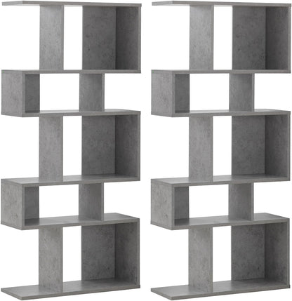 GIANTEX 5-Tier Geometric Bookshelf Set of 2, 70'' Tall Wood Freestanding Decorative Display Open Shelves with Anti-Tipping Device, Each Shelf Holds up to 44 lbs, Wooden S Shaped Bookcase, Gray