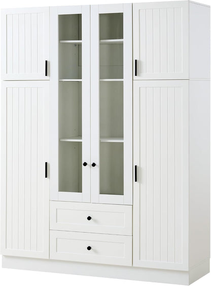 roomfitters Kitchen Pantry Organizers and Storage Kitchen Cabinet, Tall Storage Hutch with Glass Doors, Wine Rack, White