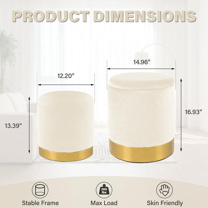 Round Ottoman with Storage Set of 2, Vanity Foot Stool with Storage, Nesting Upholstered Small Ottoman Foot Rest with Gold Plating Base for Room, Bedroom, Dorm, White Velvet Ottomans