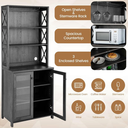 TANGZON Tall Kitchen Cupboard, Wooden Storage Sideboard with Adjustable Shelf, Glass Holder, Tempered Glass Door & Anti-toppling Device, Freestanding Pantry Cabinet Organiser for Dining Living Room