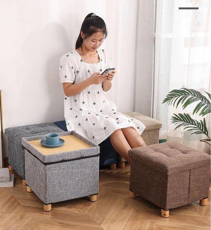 Ottoman with Storage for Living Room Bedroom,12x12inch Square Foot Rest Stool Small Cube Coffee Table with Wood Legs,Folding Storage Chest Footrest Ottoman (Beige)