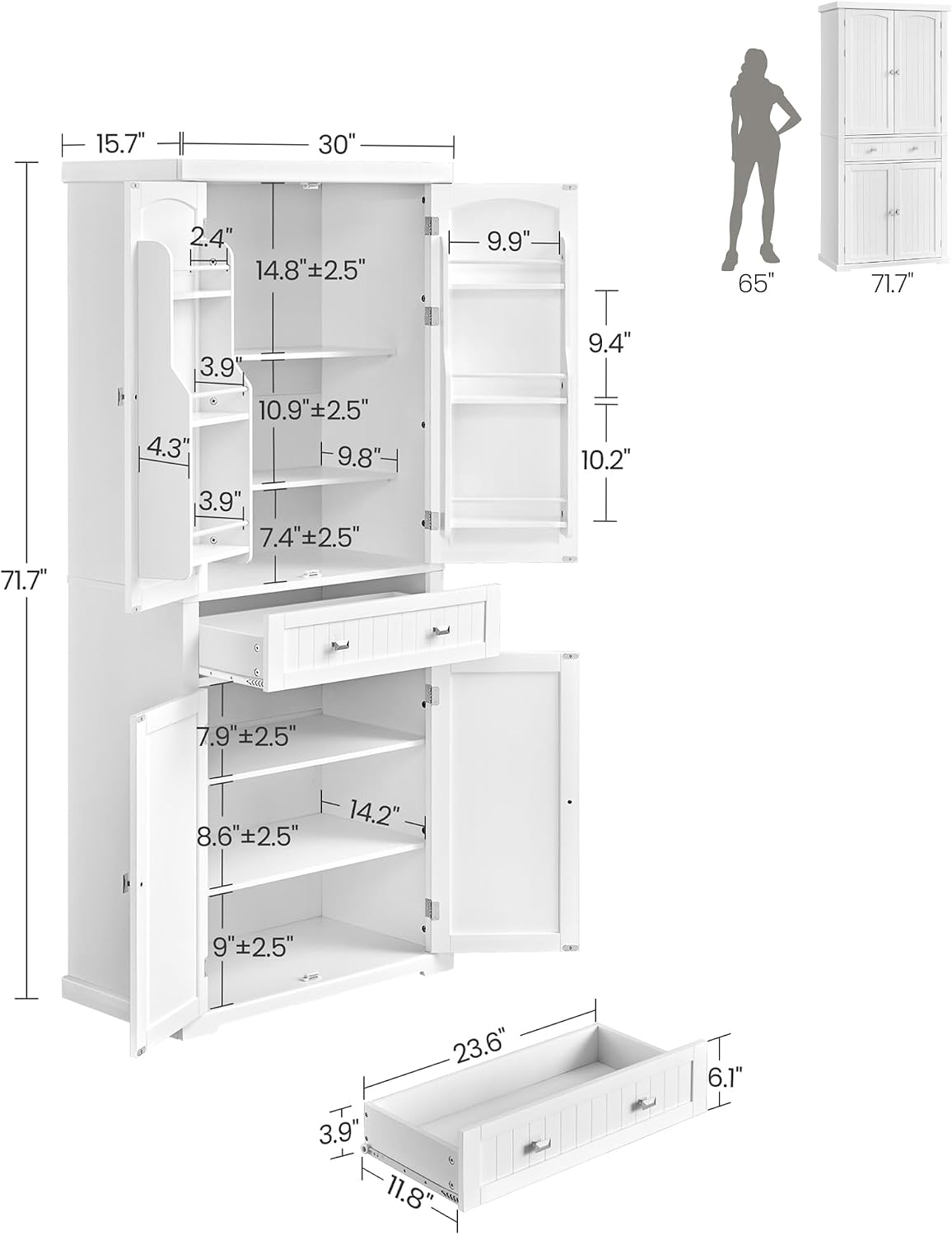 VASAGLE Pantry Cabinet, 71.7-Inch High Freestanding Tall Cupboard Storage Cabinet with a Drawer, 2 Cabinets, 4 Adjustable Shelves, 6 Door Shelves, for Living Room, Kitchen, White UBBC561P31V2